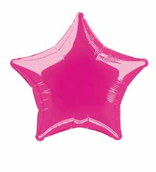 Hot pink star-shaped foil balloon with glossy finish, 20 inches wide.