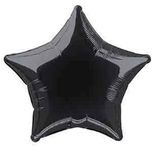 Black foil balloon shaped like a five-point star with a shiny, reflective surface.