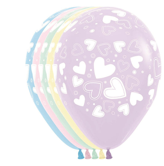 11 inch Sempertex Assorted Hearts Pastel Matte Latex Balloons All Over Print Over 50ct