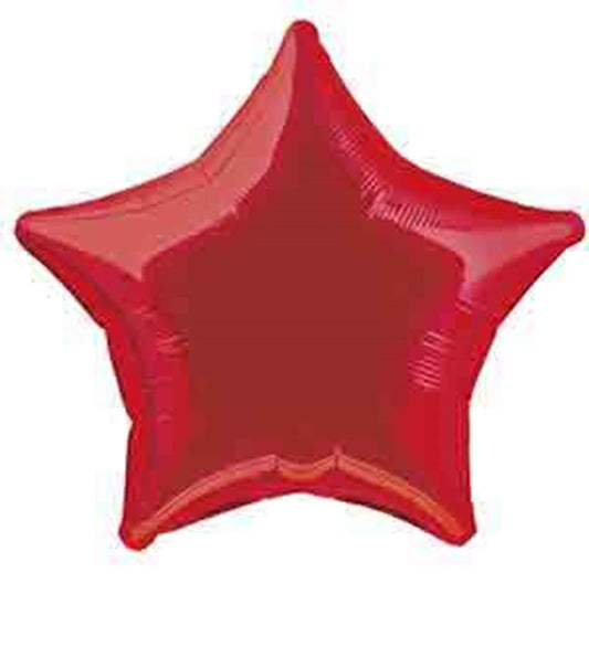 Red foil balloon shaped like a five-point star with a shiny metallic finish.