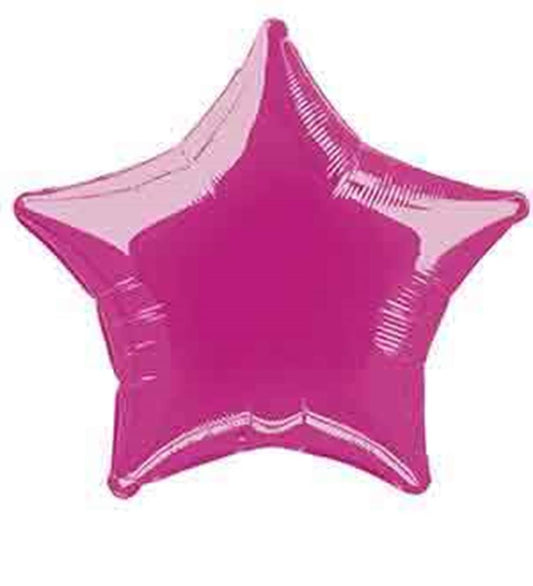 Hot pink star-shaped foil balloon with glossy metallic finish, 20 inches wide.