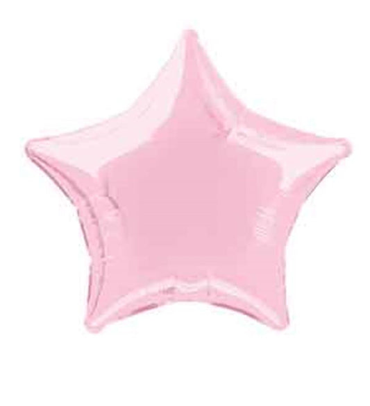 Pastel pink star-shaped foil balloon with shiny metallic finish, 20 inches wide.