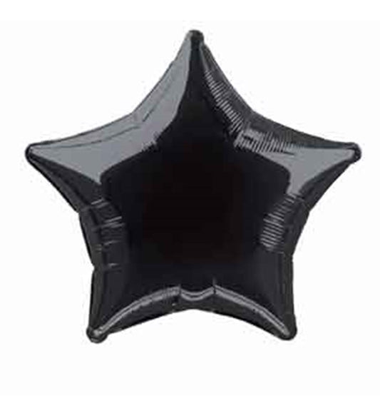 Black foil star-shaped balloon with a shiny, reflective surface, 20-inch size.