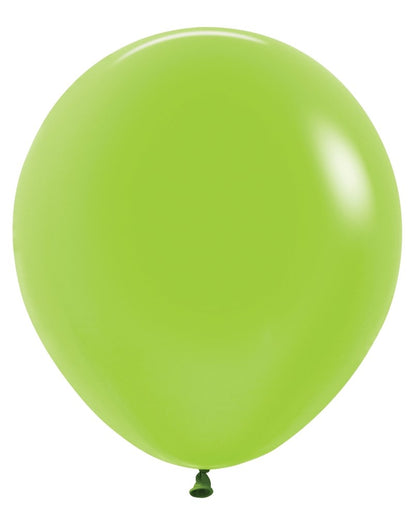 Bright neon green latex balloon, 18-inch round shape, smooth glossy surface.