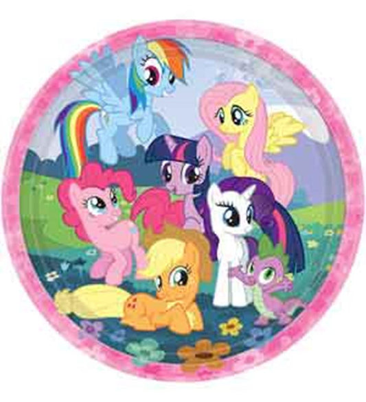 Round pink paper plate featuring colorful My Little Pony characters on a grassy background.