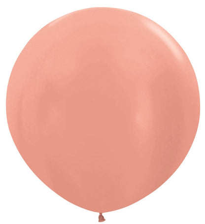 Large round metallic rose gold latex balloon with a smooth shiny surface and inflated shape.