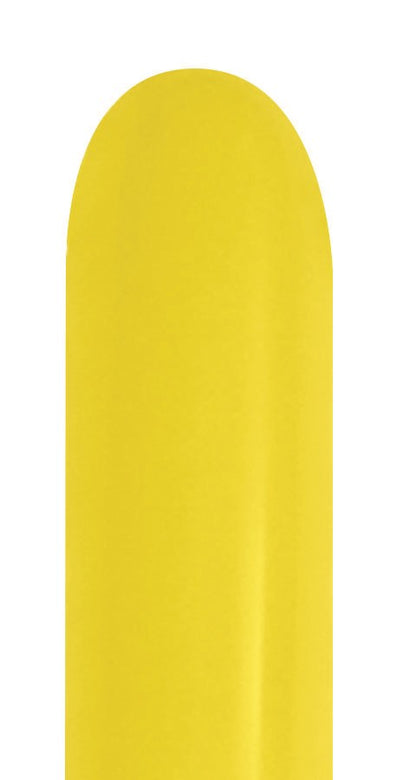 Bright yellow elongated latex balloon, smooth surface, 260 Sempertex style.