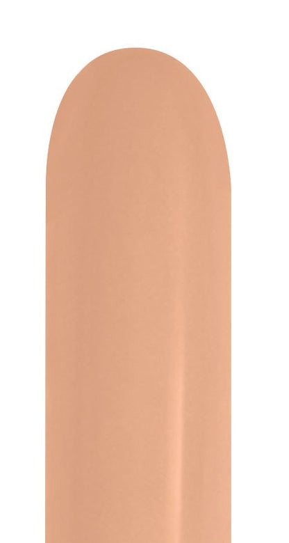 Single elongated peach-blush latex balloon with a smooth, shiny surface and a classic teardrop shape.