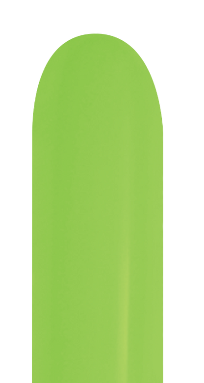 Neon green elongated latex balloon with a smooth, shiny surface and narrow cylindrical shape.