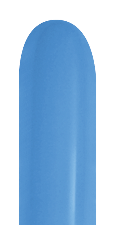Neon blue elongated latex balloon with smooth surface and rounded tip.