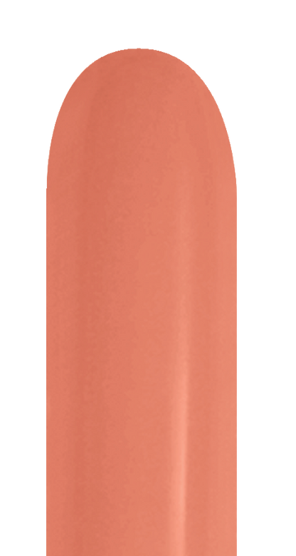 Neon orange latex balloon with a smooth, elongated oval shape, deflated and uninflated.