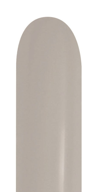 Metallic silver 260-sized long latex balloon with smooth shiny surface.