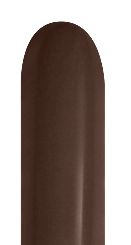 Smooth chocolate brown latex balloon inflated to an elongated oval shape.