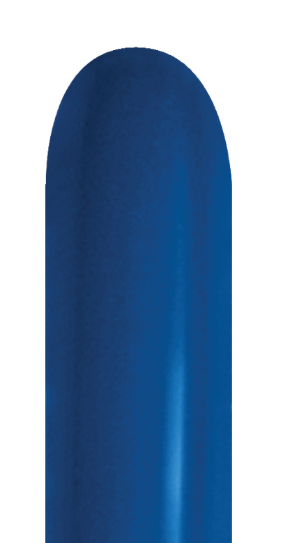 Metallic blue latex balloon inflated to a long, narrow shape with a shiny surface.