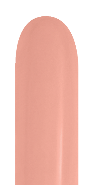 Single elongated metallic rose gold latex balloon with smooth shiny surface and rounded top.