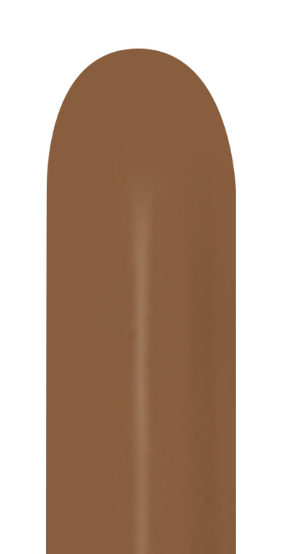Single uninflated coffee brown 260 Sempertex latex balloon with elongated shape and rounded tip.