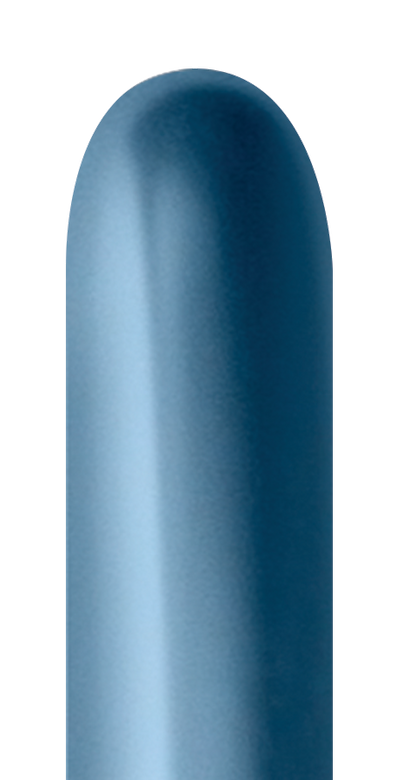 Glossy deep blue elongated latex balloon, uninflated, with rounded tip and narrow end.