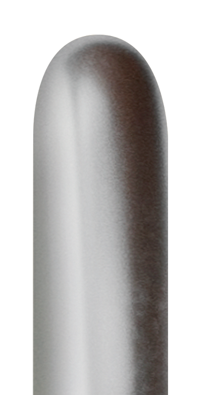 Long, narrow silver latex balloon with a shiny, reflective surface, uninflated and tubular-shaped.