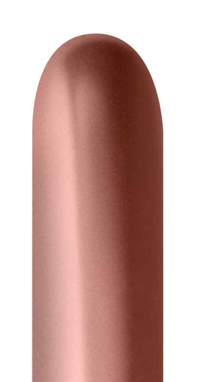 Glossy rose gold latex balloon in an elongated 260 shape with a smooth reflective surface.