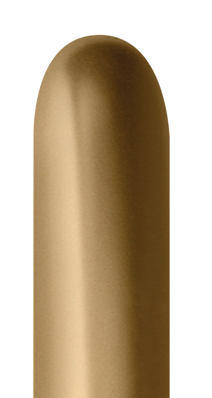 Glossy gold latex balloon, long and cylindrical, smooth surface, uninflated shape.