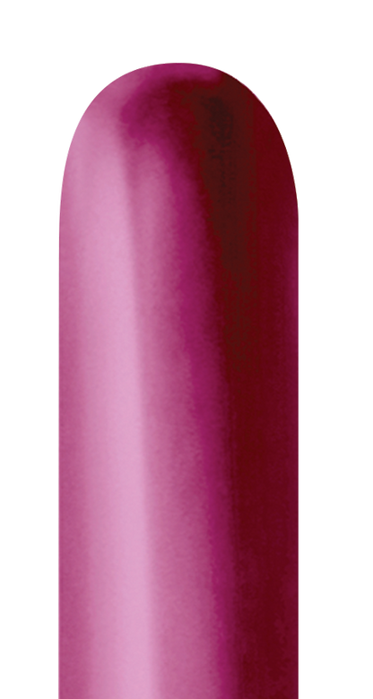Long, slender reflex fuchsia latex balloon with a glossy finish.