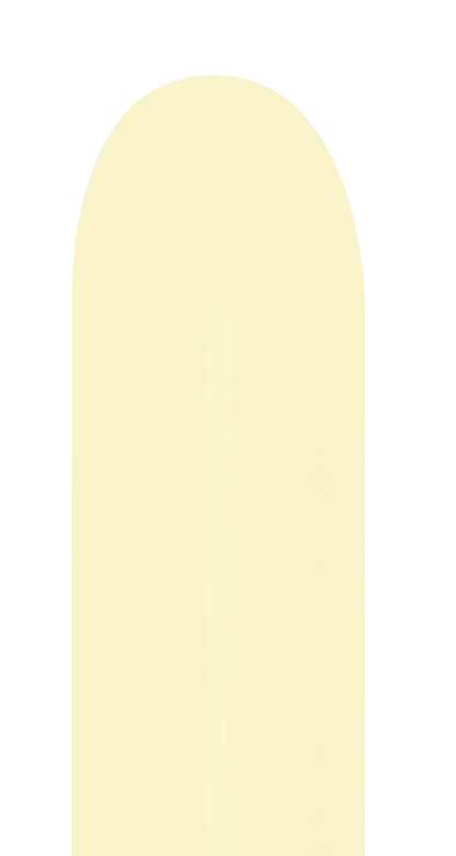 Matte pastel yellow 260 Sempertex latex balloon with a long, tapered shape.