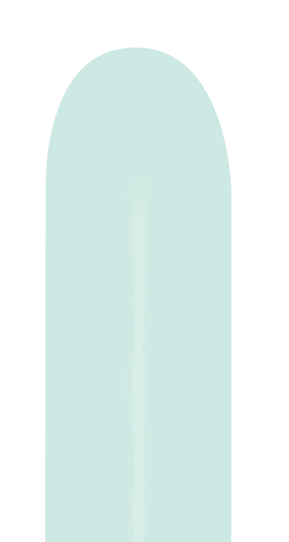 Pastel matte green 260 Sempertex latex balloon with elongated shape, uninflated.
