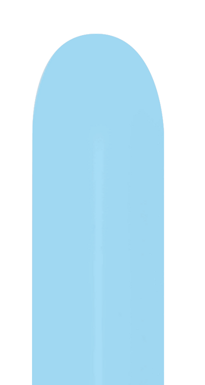 Pastel matte blue elongated latex balloon with smooth surface.