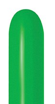 Long, slim shamrock green latex balloon, smooth surface, uninflated shape.