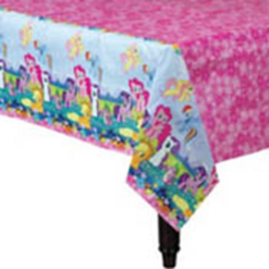 Rectangular My Little Pony tablecover with colorful pony and castle graphics on light blue background, pink floral pattern.