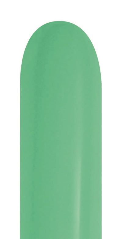 Elongated green latex balloon with a smooth surface and rounded tip.