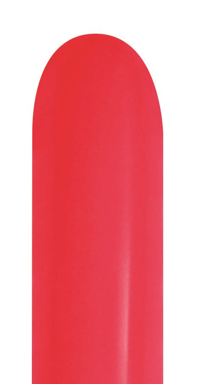 Bright red elongated latex balloon with a smooth surface and rounded tip.