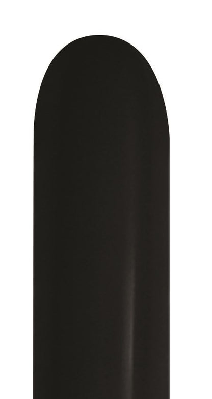 Glossy black latex balloon with a long, narrow 160 shape for twisting and decorating.