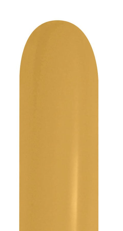 Shiny metallic gold latex balloon with smooth surface and oval shape, uninflated.