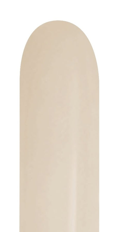 Matte white sand latex balloon with rounded tip, elongated oval shape, smooth surface.