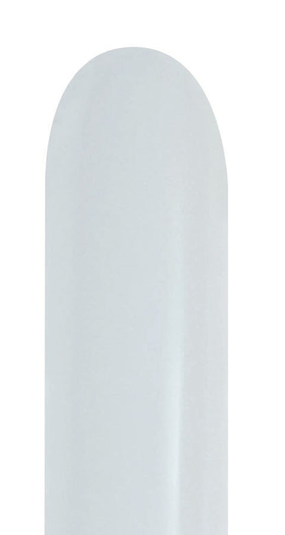 White elongated latex balloon with a smooth surface, uninflated and narrow at the opening.