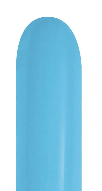 Smooth, elongated light blue latex balloon with a rounded tip and narrow neck.