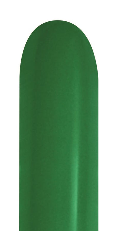 Forest green elongated latex balloon with a smooth, glossy finish.