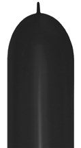 Long black latex balloon with a rounded tip, uninflated, smooth texture.