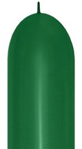 Long, slender forest green latex balloon with a rounded tip and tied end.