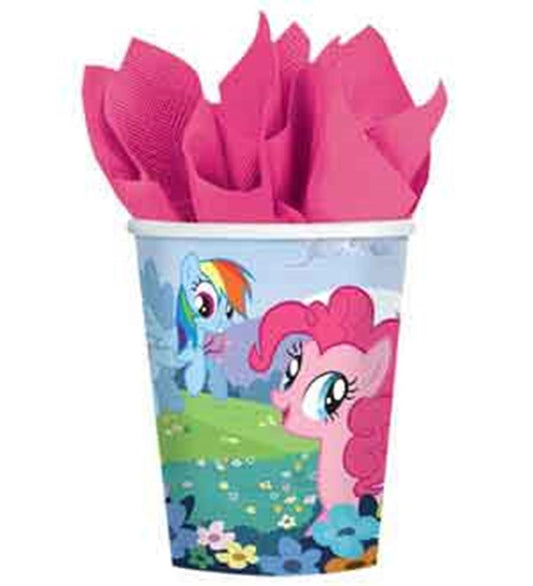 Colorful plastic cup featuring My Little Pony characters Pinkie Pie and Rainbow Dash on a floral background with pink.