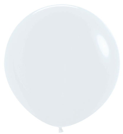 White 24-inch round latex balloon with smooth surface and glossy finish.