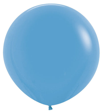 Round 24-inch blue latex balloon with smooth, glossy surface and tied end.