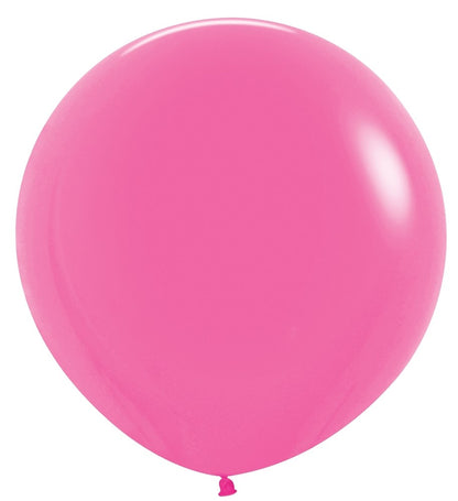 Round neon magenta latex balloon inflated to 24 inches with smooth surface and tied end.