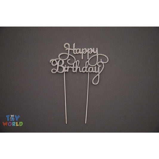 5inW x 4inH Rhinestone Cake Topper Happy Birthday - Silver - Toy World Inc