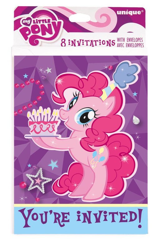 Pink My Little Pony character holding a birthday cake with candles on a purple starry background invitation card.