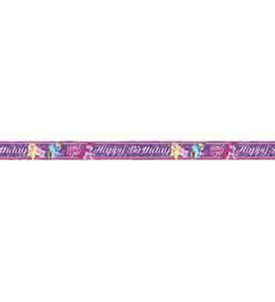 Purple foil banner with My Little Pony characters, colorful balloons, and "Happy Birthday" text.