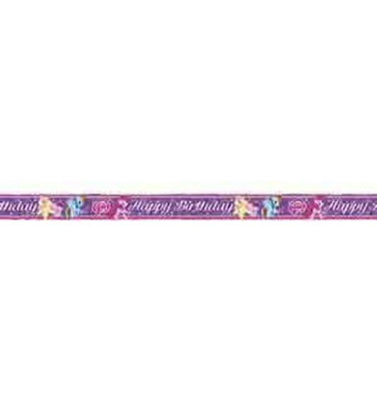 Purple foil banner with My Little Pony characters, colorful balloons, and "Happy Birthday" text.