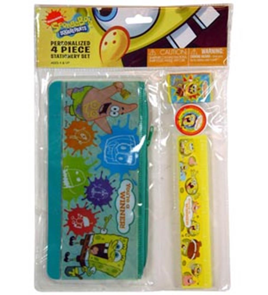 Spongebob-themed 4-piece stationery set with blue folder, yellow ruler, and two circular stickers featuring characters.