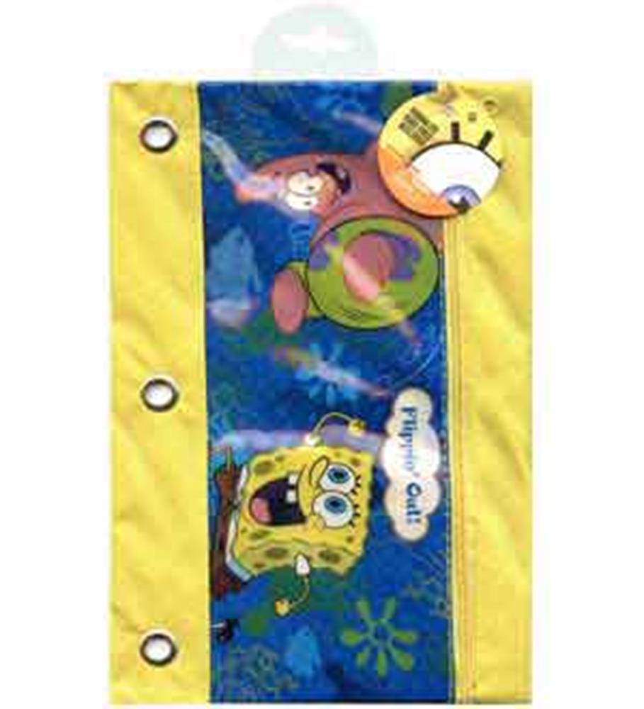 Yellow and blue Spongebob 3-ring pencil pouch with cartoon characters and metal grommets on the side.